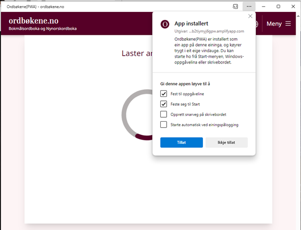 Dialogvindauge i Edge om at appen er installert