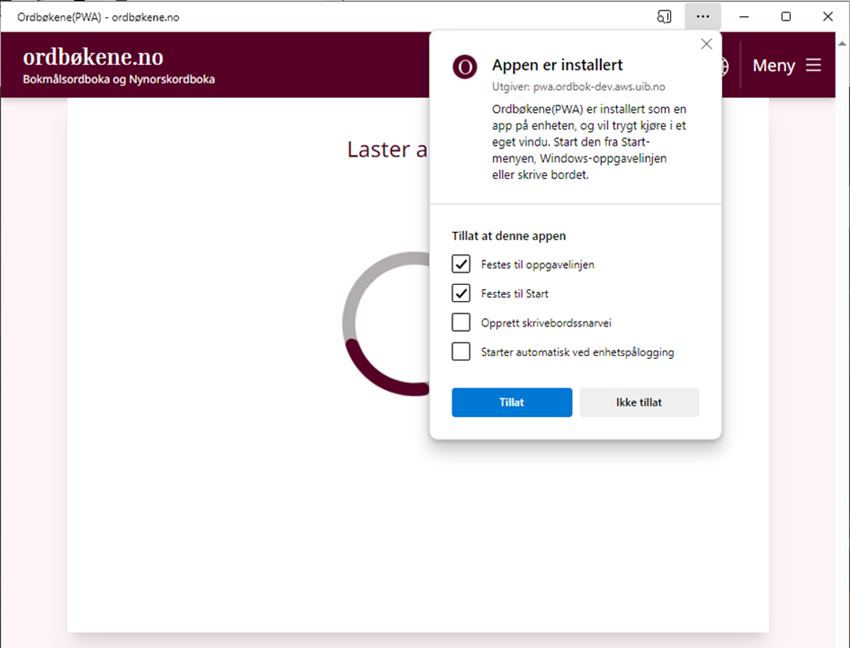 Dialogvindu i Edge om at appen er installert