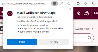 Popup window with installation information in Edge