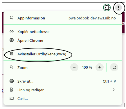 Dialogvindu med valg om å avinstallere PWA-en